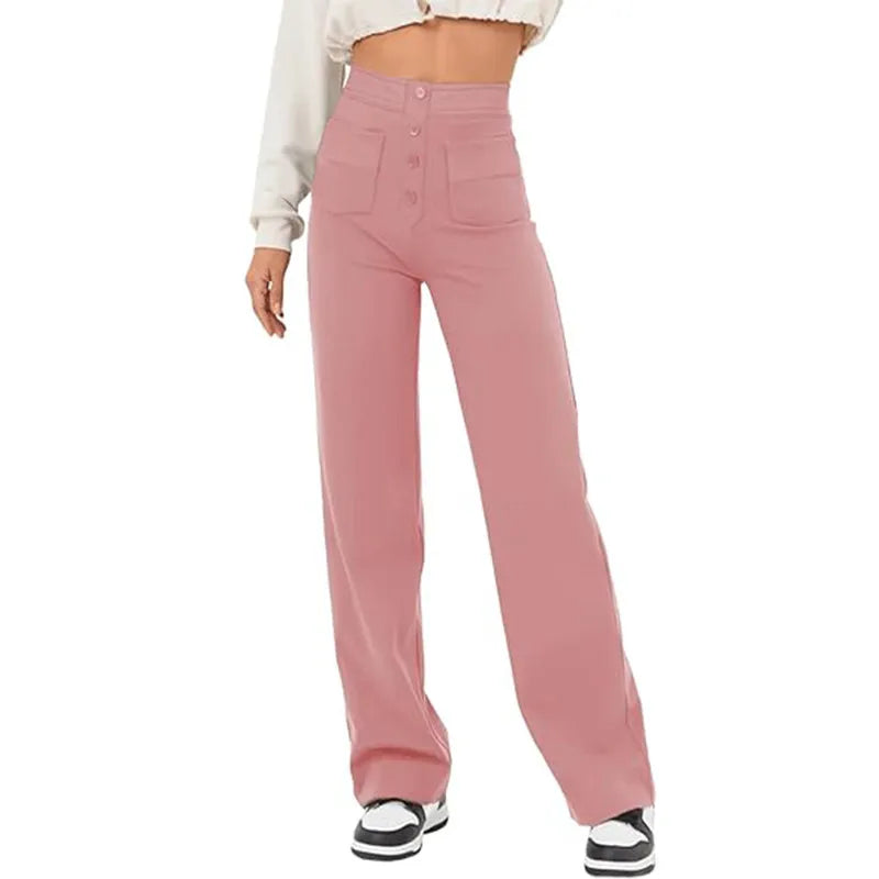 Casual High Waist Button Straight Pants