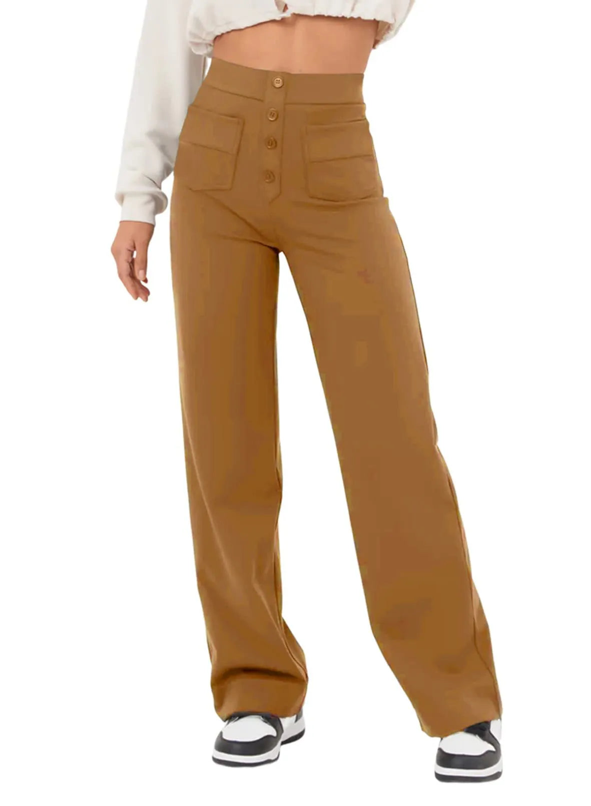 Casual High Waist Button Straight Pants