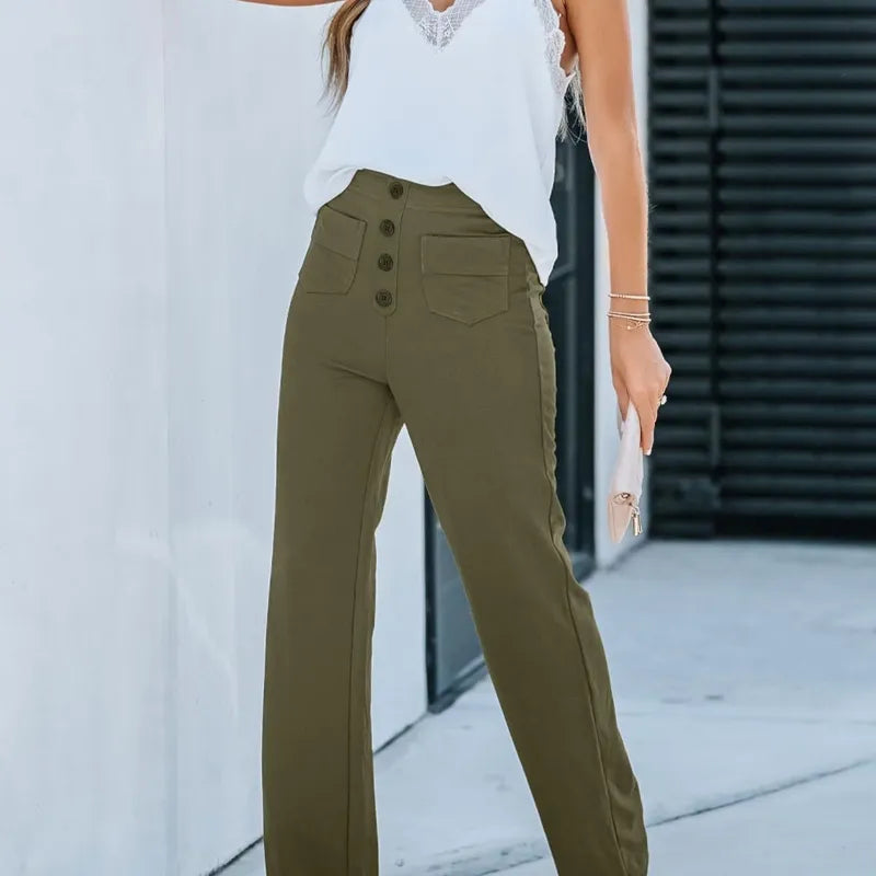 Casual High Waist Button Straight Pants