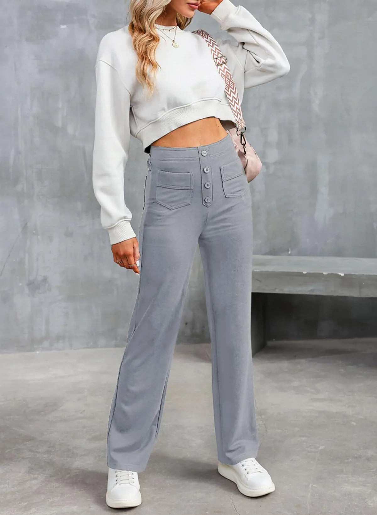 Casual High Waist Button Straight Pants